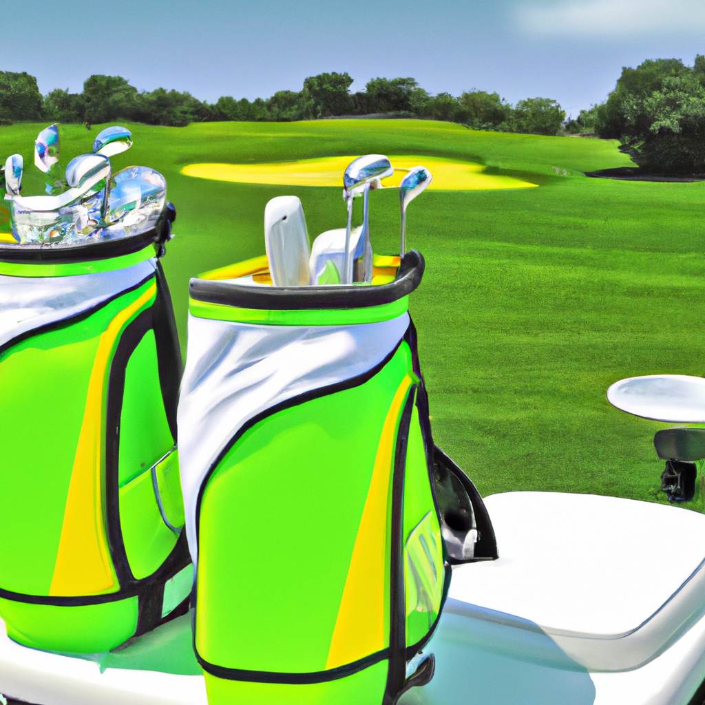 An image showcasing a sleek, insulated golf cooler nestled among neatly arranged golf clubs, surrounded by lush green fairways and the vibrant hues of a picturesque golf course on a sunny day
