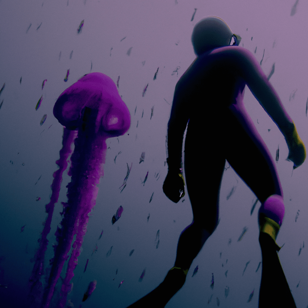 N wearing a full-body wetsuit, with a jellyfish in the foreground, tentacles reaching out to make contact with the suit