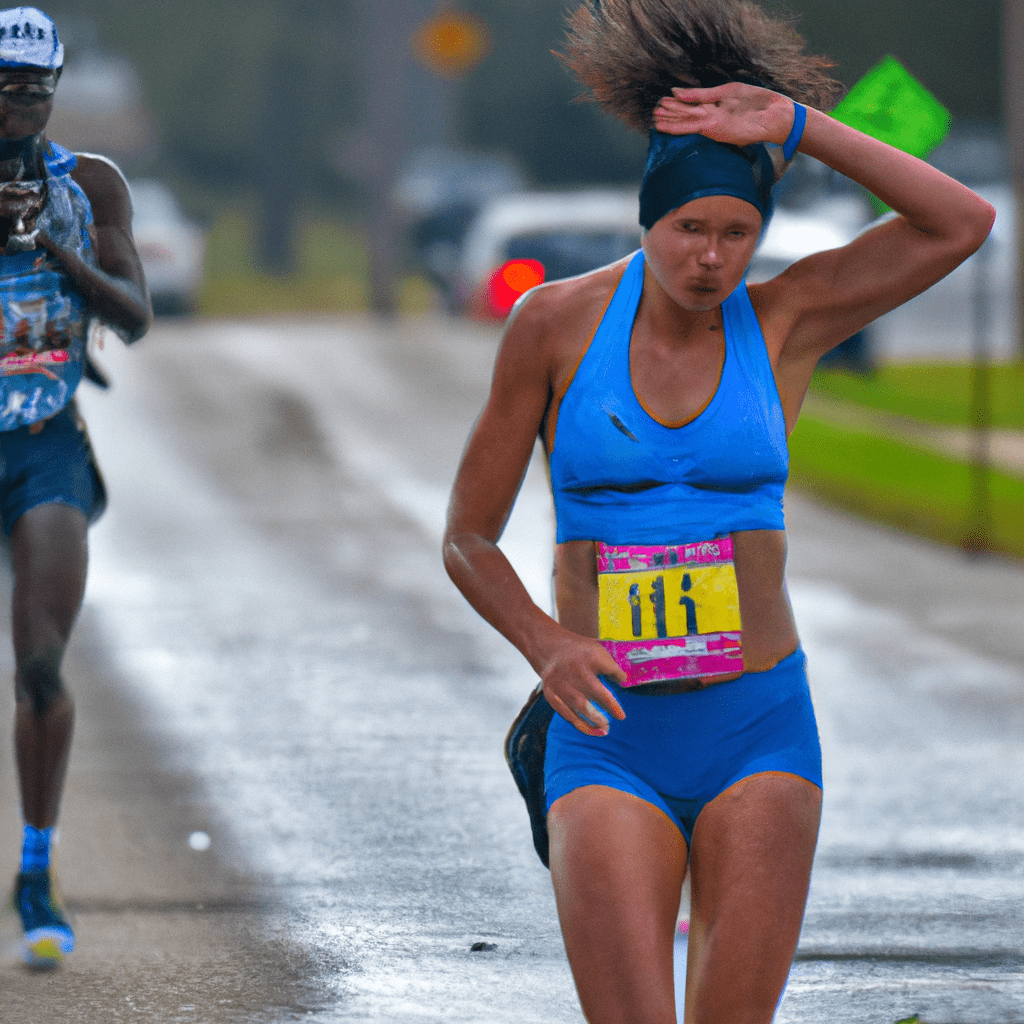 An image that depicts a runner, visibly fatigued and struggling, with sweat dripping down their face as they push themselves to the limit during a half marathon race, highlighting the importance of proper training