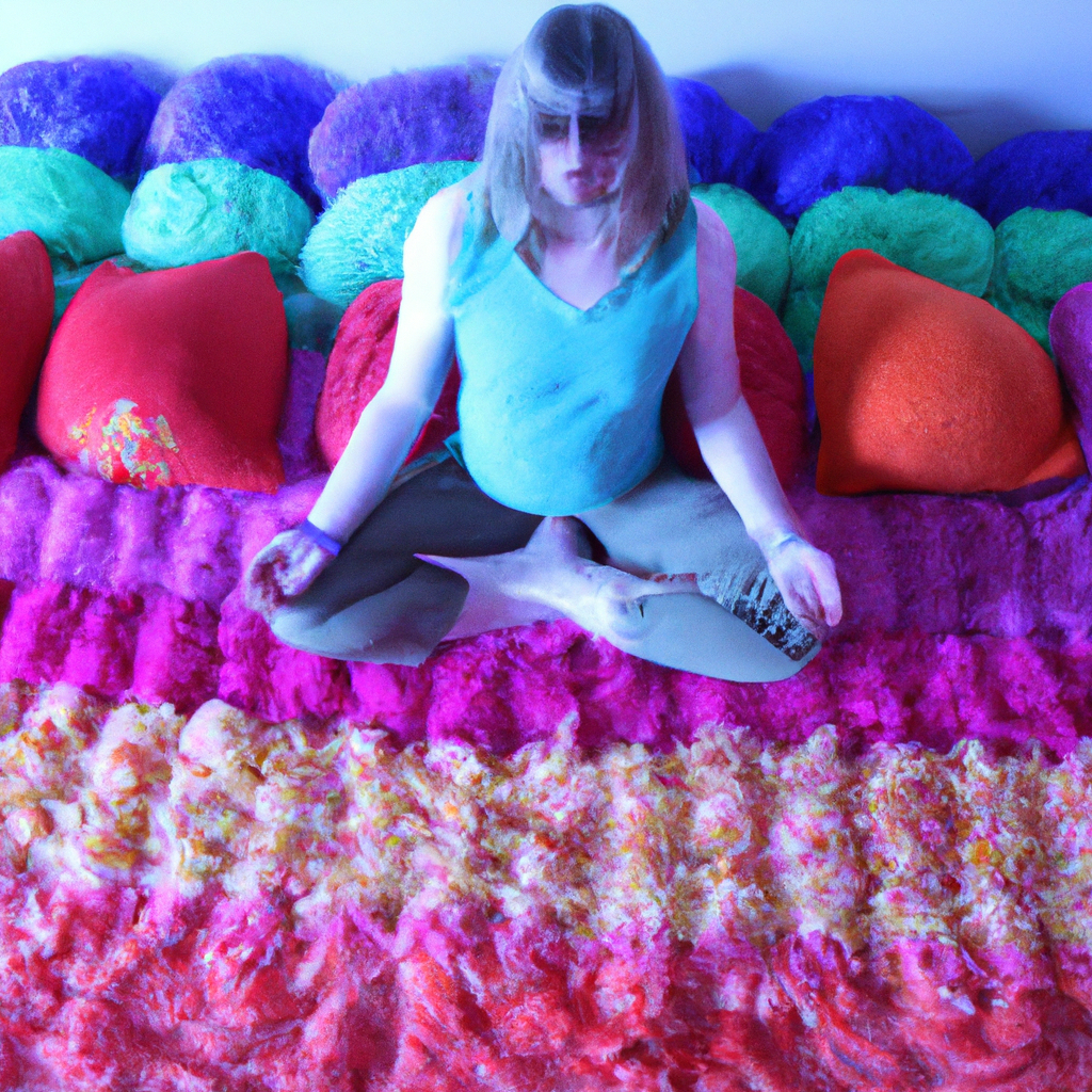 N sitting in a full lotus pose on a shaggy carpet, surrounded by a rainbow of cushions