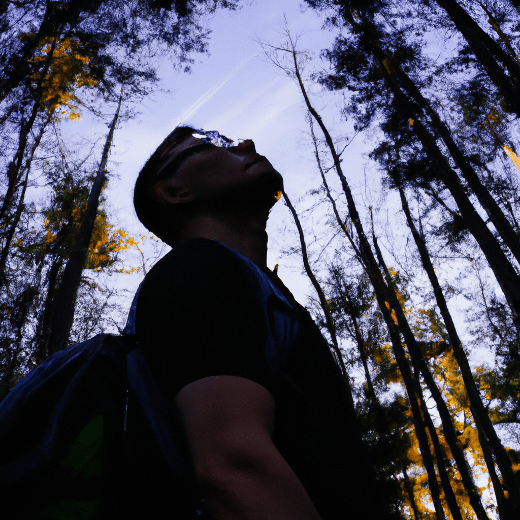 in a forest, with a backpack, looking up into the sky while silhouetted by a setting sun