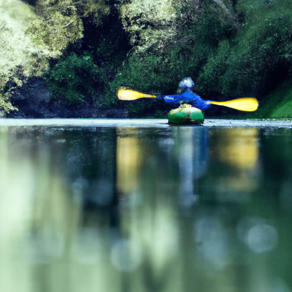 An image showcasing a serene river surrounded by lush green forests, with a kayaker gracefully gliding through glassy waters