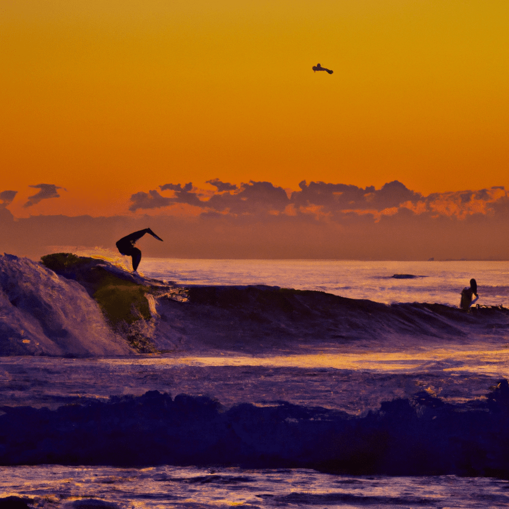 An image showcasing a serene coastline at sunrise, with a silhouette of a beginner surfer struggling to catch a wave, while an experienced surfer effortlessly rides a towering wave in the background