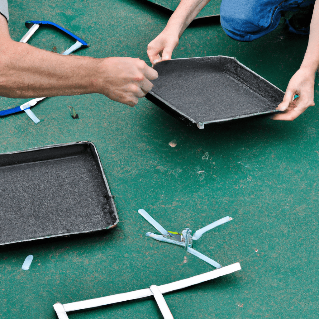 An image capturing the process of assembling a trampoline: a pair of hands holding metal frame pieces, connecting them with bolts, stretching and attaching the jumping mat, all against a backdrop of scattered tools and an open trampoline box