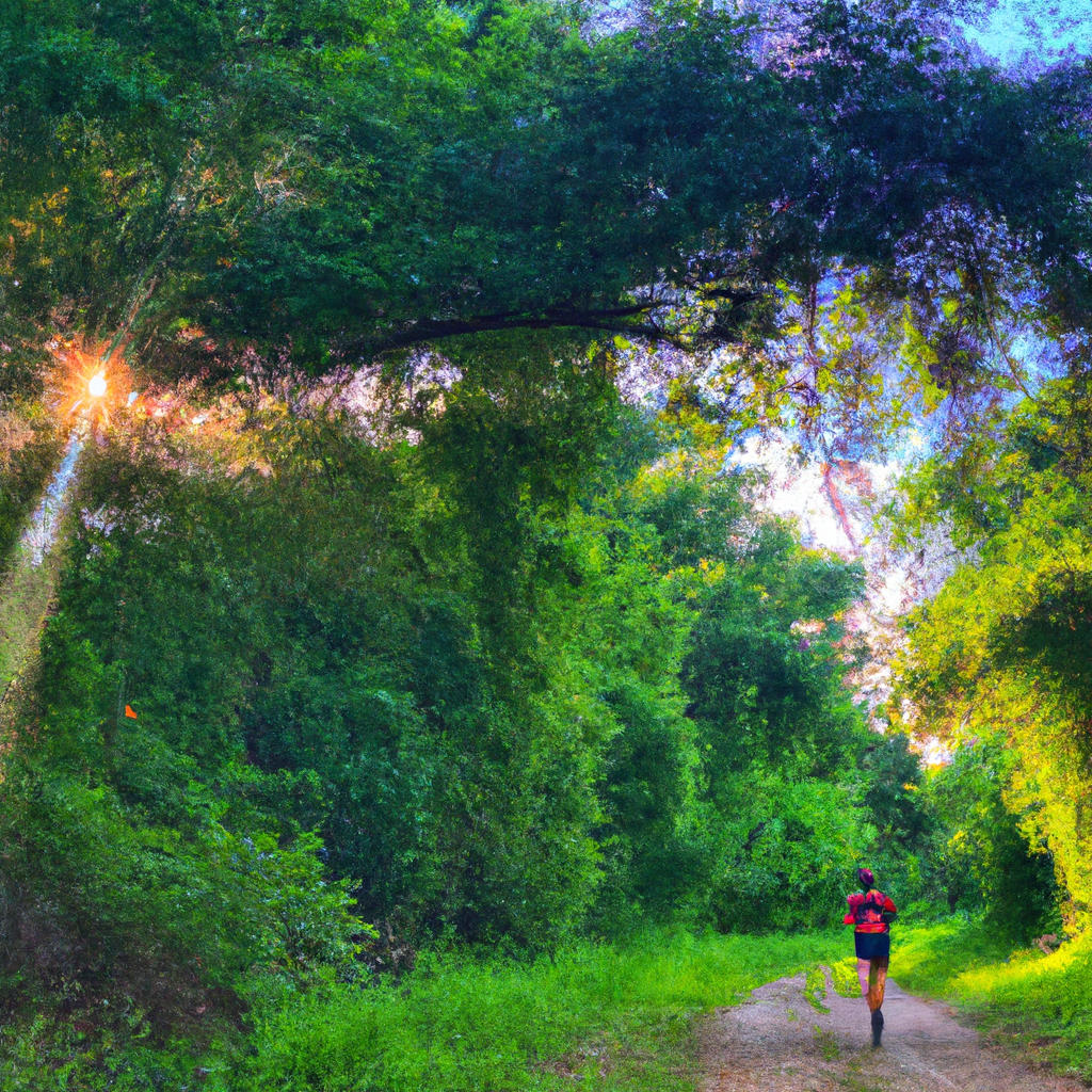 An image showcasing a runner mid-stride on a serene nature trail, surrounded by lush greenery and dappled sunlight filtering through the trees, evoking a sense of determination and curiosity about the time it takes to run 2 miles