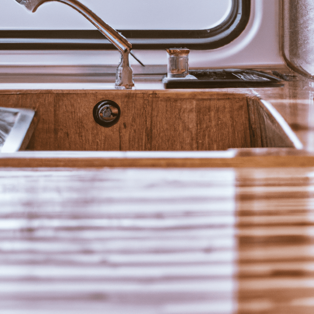 An image of a sleek, stainless steel sink nestled in a compact wooden countertop inside a rustic camper van