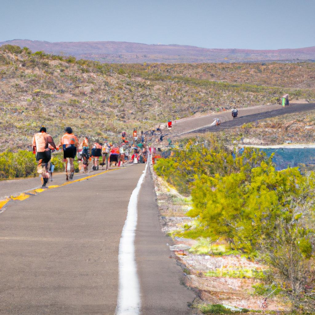 An image showcasing a swimmer elegantly gliding through clear turquoise water, a cyclist speeding down a winding road, and a runner sprinting on a scenic trail, capturing the three main events of a thrilling triathlon