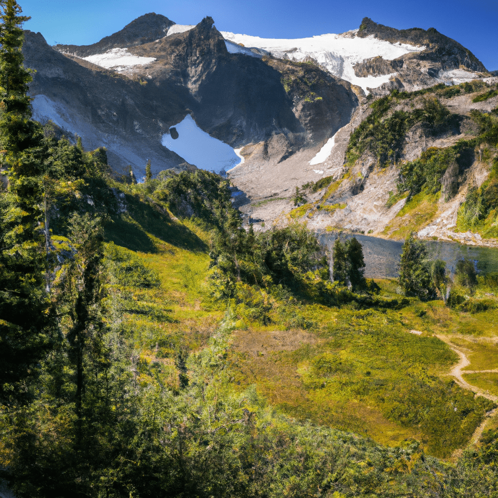 An image of a winding trail, nestled between towering snow-capped peaks, leading towards a hidden alpine lake