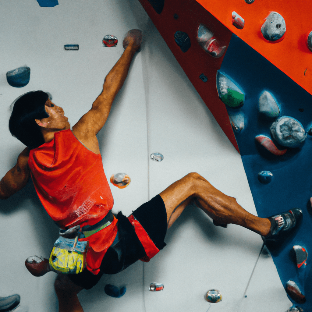 An image capturing a climber in a vibrant, fitted sportswear outfit, adorned with chalk on their hands, gripping colorful holds on an indoor rock wall