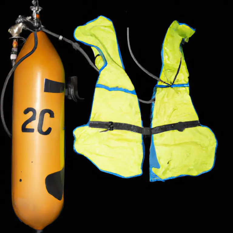 An image depicting a deflated inflatable PFD with an expired CO2 cylinder, showcasing clear signs of wear and tear such as faded fabric, frayed straps, and a visibly deflated bladder
