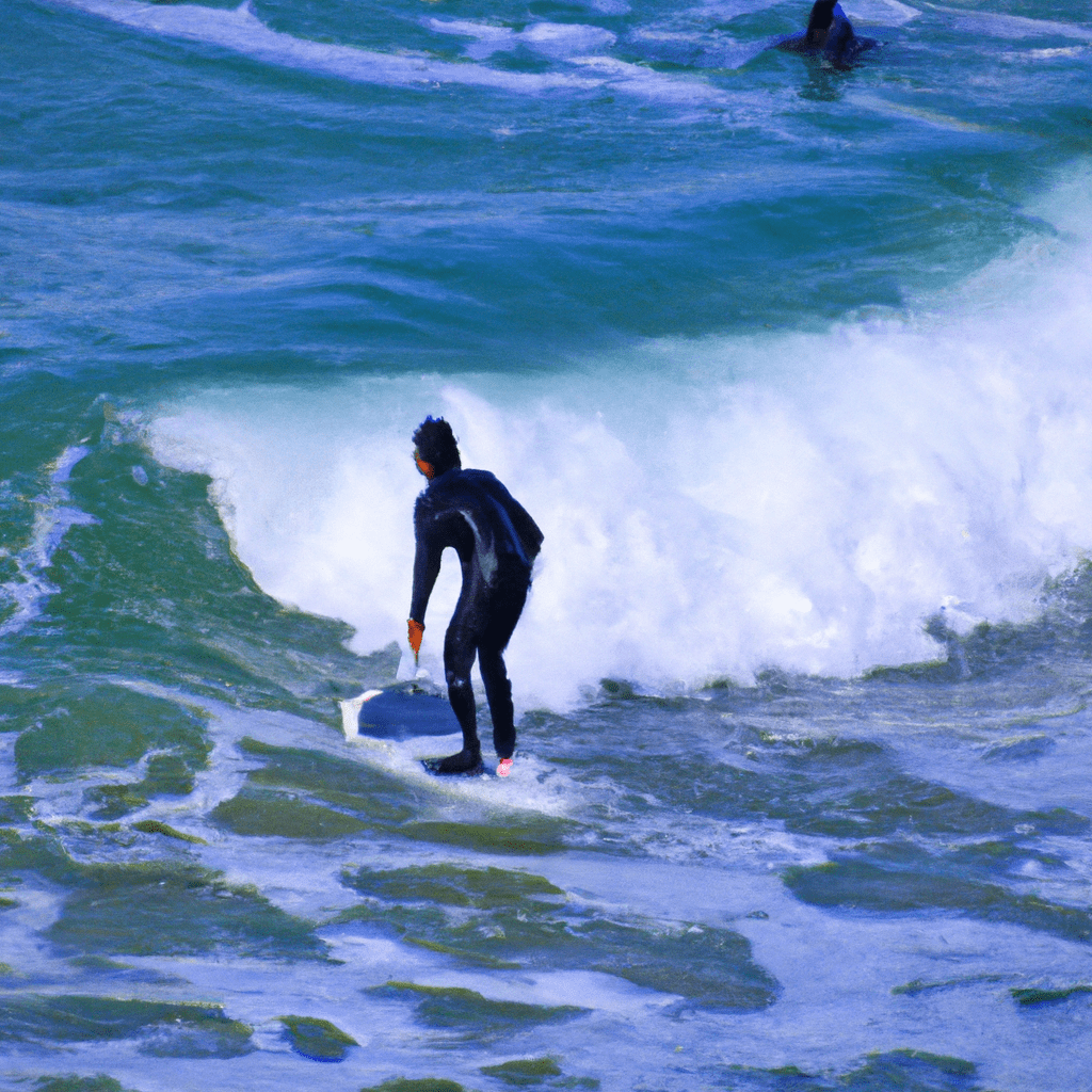R in a sleek black wetsuit, emerging from a wave onto a beach dotted with colorful surfboards